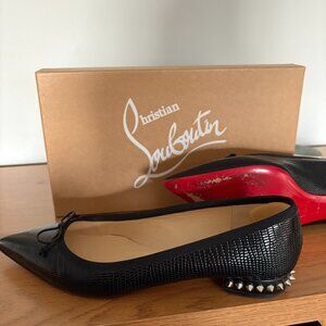 Christian Louboutin black leather embossed pointed flats with studded heels